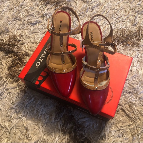 RIALTO - MARIELLA / RedMulti/ patent red &gold cage Strap Heel - Picture 2 of 10